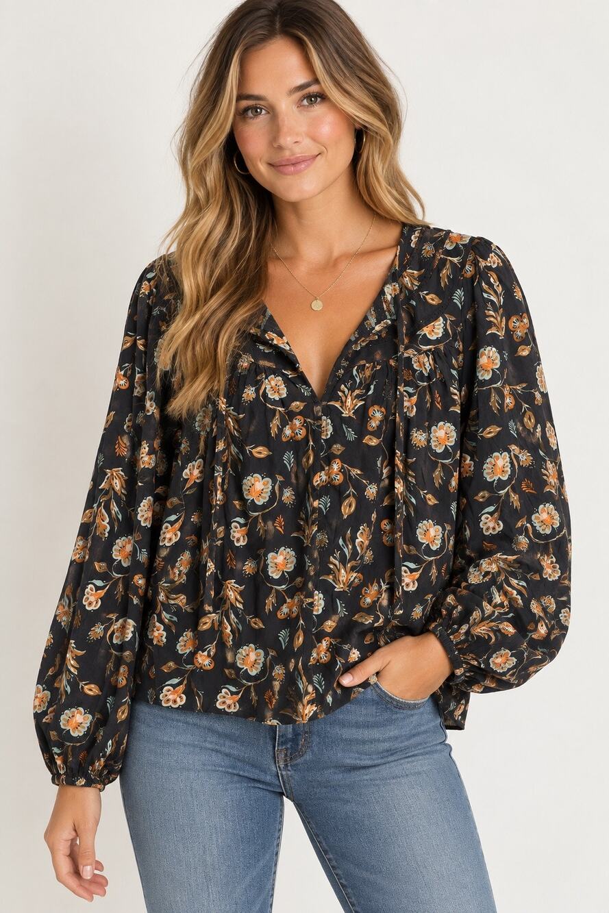 Universal Thread Floral Boho Blouse Long Sleeve Black Orange Women’s Top